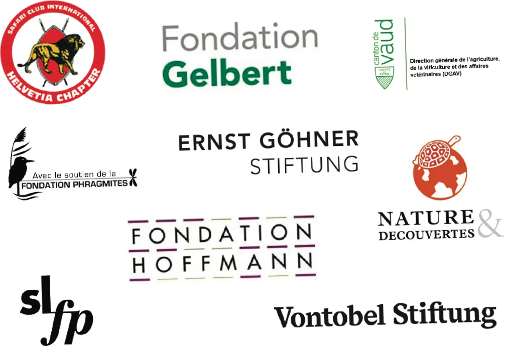 Safari Club International Helvetia Chapter, Fondation Gelbert, Canton de Vaud (DGAV), Fondation Phragmites, Ernst Göhner Stiftung, Nature & Découvertes, Fondation Hoffmann, SLFP, Vontobel Stiftung
