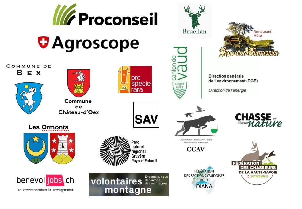 Proconseil, Agroscope, Bruellan, Restaurant Hôtel Lac des Chavonnes, Commune de Bex, Commune de Château-d'Œx, ProSpecieRara, Canton de Vaud (DGE), Les Ormonts, SAV, Chasseurs aux Chiens d'Arrêt Vaudois (CCAV), Chasse et Nature, Parc naturel régional Gruyère Pays-d'Enhaut, Fédération des chasseurs de la Haute-Savoie, benevoljobs.ch, Volontaires Montagne, Fédération des sections vaudoises de la Diana